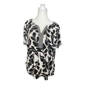 Olsen Eco Friendly Black Cream Floral Print Blouse Short Sleeve Top Size